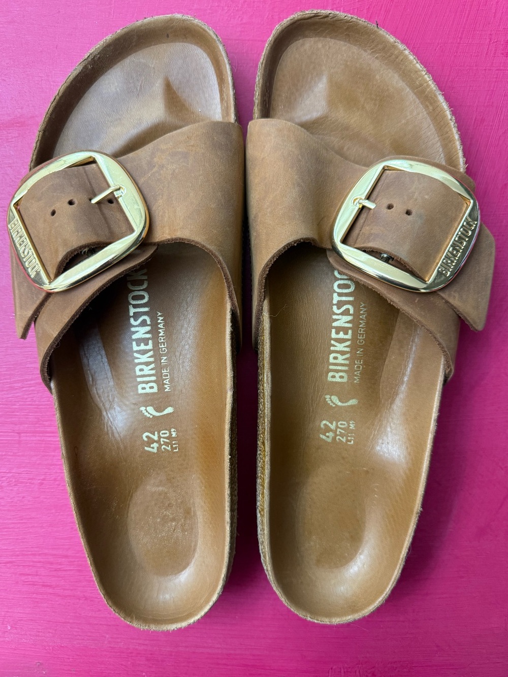 Birkenstock Single Strap Slide in Cognac Brown with Gold Buckles